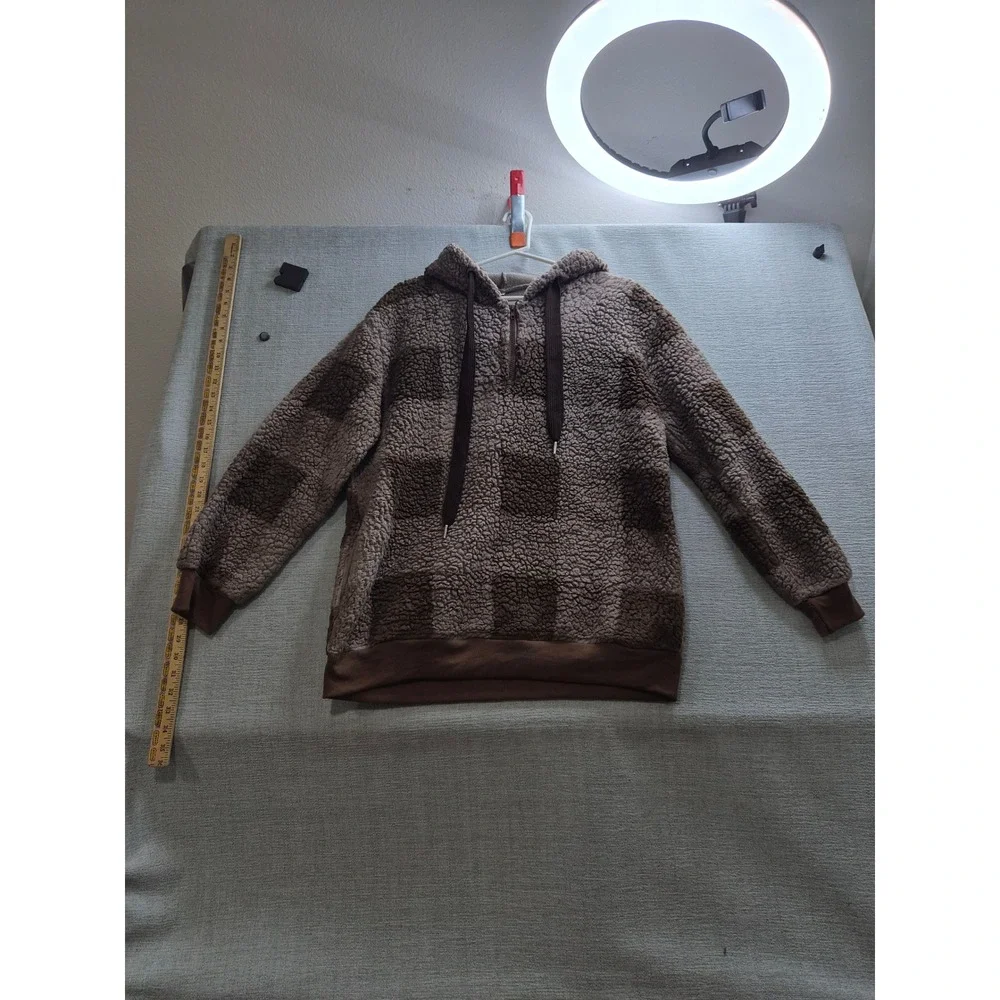 Womens Oversized Sherpa Hoodie Large Brown Check Stretch Ribbed Trim Winter